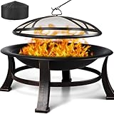 Feuerkorb mit funkenschutz, Φ76cm Feuerschale mit grillrost, Retro-Look Feuerstelle, Feuerschalen für den Garten, BBQ Feuerschale grill, Stabil und Funktional, Schwarz, Groß