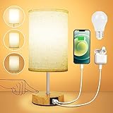 Suright Nachttischlampe Touch Dimmbar mit USB A+C Ladeanschlüssen, Lampenschirm aus Leinenstoff, Holzsockel, Kleine Tischlampe für Schlafzimmer Wohnzimmer (LED-Birne Inklusive)