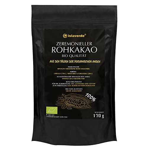 islaverde Zeremonieller BIO Rohkakao 100 % aus Premium Kakaonibs, Feines Pulver, 52 % Fett, Zusatzfrei und Zuckerfrei, Keto-freundlich, Nicht Alkalisiert, aus Peru, 170 g
