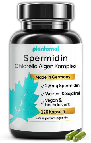 NEU: plantomol® 120 Spermidin Kapseln hochdosiert aus CHLORELLA ALGEN EXTRAKT - hoher natürlicher Chlorophyll Gehalt + 2,6mg Spermidine - hohe Bioverfügbarkeit - frei von Weizenkeim-Extrakt und Gluten