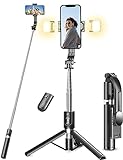 Selfie Stick Stativ mit 2 Fülllicht, 114cm Verbessertem Stabil Handy Stativ mit Abnehmbarer Fernbedienung, Stativ für Smartphone Kompatibel mit iPhone Samsung & Android Smartphones