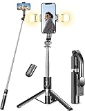 Selfie Stick Stativ mit 2 Fülllicht, Verbessertem Stabil Handy Stative mit Abnehmbarer Fernbedienung, 114cm Stativ für Smartphone Kompatibel mit iPhone Samsung & Android Smartphones