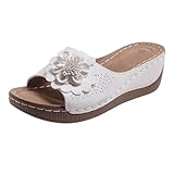 Damen-Sandalen mit niedrigem Keilabsatz – orthopädische Sandalen für Damen mit Fußgewölbeunterstützung, Retro-Blumenkeil-Sandalen, Peep-Toe, Plateau-Hausschuhe, Sommer, Strand, Pantoletten, für