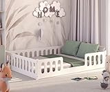 CADANI Monte 2in1 Bodenbett 140x200 cm Montessori Kinderbett Rausfallschutz abnehmbar - weiß, 46 kg schwer, bis 200 kg belastbar, extra starker Roll-Lattenrost, umbaubar