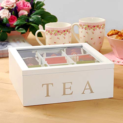 Koopman Teebox aus Holz, Teekasten in der Farbe weiß, Teekiste mit 9 Fächern, große Teebeutelbox, Auswahl: weiß