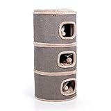 CanadianCat Company | Kratztonne Tony Höhe 90 cm, Spieltonne für Katzen ø 45 cm, Katzenkratzbaum mit 3 Höhlen, Katzenbaum, Kratzturm aus Sisal, Katzenmöbel, Plüsch, Beige