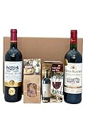 Genuss Set Rotwein mit Schokolade und Käsekräcker | 2 x französischer Rotwein (Bordeaux) trocken | 1 x Crea-Box Schokolade | 1 x Käsegebäck