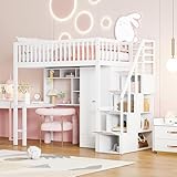 xixiworkshop Hochbett 90x200cm mit Schreibtisch/Kleiderschrank/Stauraum Treppen, Bett für Mädchen Jungen Kinderbett Rausfallschutz ohne Matratze(Weiß)