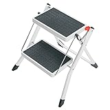 Hailo MK60 Mini Stahl-Trittleiter - 2 große Stufen mit Anti-Rutsch-Matten bis 150kg - Klappsicherung mit Entriegelungstaste - Tragegriff - Klapptrittleiter rostfrei und einfach zu verstauen - weiß