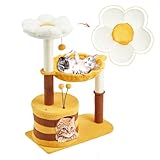 Erinnyees 88,9 cm Blumen-Katzenbaum mit Bienen-Design für Indoor-Kätzchen, kleiner Katzenturm mit Sisal-Kratzbaum, weiche Höhle, flauschige Bälle und Hängematte, Gelb