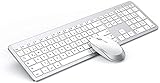 Tastatur Maus Set Kabellos, seenda Ultra-Dünne Wiederaufladbare Funktastatur, Ergonomische Keyboard Mouse mit Silikon Staubschutz für PC/Laptop/Smart TV, QWERTZ Layout Weiß und Silber