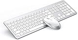 Tastatur Maus Set Kabellos, seenda Ultra-Dünne Wiederaufladbare Funktastatur, Ergonomische Keyboard Mouse mit Silikon Staubschutz für PC/Laptop/Smart TV, QWERTZ Layout Weiß und Silber