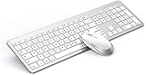 Tastatur Maus Set Kabellos, seenda Ultra-Dünne Wiederaufladbare Funktastatur, Ergonomische Keyboard Mouse mit Silikon Staubschutz für PC/Laptop/Smart TV, QWERTZ Layout Weiß und Silber