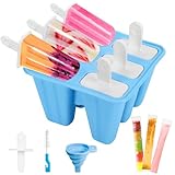 Eisformen Eis am Stiel, Eisformen Silikon BPA Frei mit 30 Wassereis Tüten & Reinigungsbürste & Faltbarer Trichter, 6 Popsicle Formen Wiederverwendbar DIY Eisform für Kinder und Erwachsene(Blau)