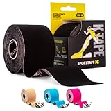 SPORTTAPE Kinesiologie Tape - Schwarz | Physio Tape und tape sport bei verletzungen und schmerzen | Elastisches und hypoallergen muskel tape | kinesiotapes wasserfest | 5 m Rolle Kinesiotape