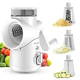 KitchenBoss Gemüseschneider Manuell,Mandoline Gemüsehobel:Käsereibe,Trommelreibe 3 in 1 für viele Arten von Gemüse und Obst,Enthält 3 Arten von Klingen aus rostfreiem Stahl,mit Kurbel,Weiß