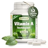 Vitamin A, hochdosiert, 10.000iE - 120 Kapseln, vegan. Vitamin A (Retinol) - wichtig für Sehkraft, Schleimhäute & Hautgesundheit. OHNE künstliche Zusätze - laborgeprüft. Von Greenfood.
