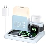 7 in 1 Kabellose Ladestation, Wecker mit Kabellosem Ladegerät für Schlafzimmer, Mag-Safe Ladegerät mit Nachtlicht Nachttischuhr für iPhone 16 15 14 13 12 Pro Max, Apple Watch, AirPods