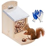 valuents Eichhörnchen Futterhaus mit Klappe – Futterstation – wetterfest aus Kiefernholz mit Zinkdach – Selbstmontage +Plus: Gartenhandschuhe