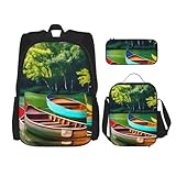 OXKGHHO Arbeitsrucksack-Set mit Motiv: See mit Booten, Kanus, Park, mit isolierter Lunchbox, verstellbaren Trägern, für Fitnessstudio und den täglichen Gebrauch, Schwarz, Einheitsgröße