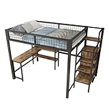 Metall Hochbett mit integrierten Treppenregalen, stabilem Schreibtisch, Einbauschrank und mehreren Ablageflächen, platzsparendes Multifunktions-Loft-Bett für Schlafzimmer (Schwarz,140x200cm)