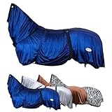 RL24 - Ekzemerdecke mit Halsteil & Bauchlatz – Fliegendecke z. Schutz vor Insekten – feinmaschiges Gewebe, doppelter Frontverschluss & Beinschnüre – Outdoor-Pferdedecke in Nachtblau – 145cm