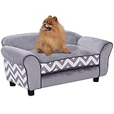 PawHut Hundesofa, Haustiersofa mit erhöhten Füßen, Hundecouch, Hundeliege mit Kissen, Hundebett, Katzensofa, Waschbar, Samt, Grau, 73,5 x 41 x 33 cm