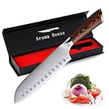 Aroma House Santoku Messer 7 Zoll(18 cm),Profi Kochmesser,Küchenmesser,Rostfreiem Stahl Chefmesser Sehr Scharfe Klinge mit Geschenkbox für Haushalt und Restaurant