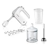 Bosch Handrührer Styline MFQ4080, 2 Rührbesen, 2 Edelstahl-Knethaken, spülmaschinengeeignet, Zerkleinerer, Pürierstab, 5 Stufen plus Turbostufe, 500 W, weiß/silber