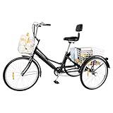 ARBGO 24 Zoll Dreirad für Erwachsene, 3-Rad-Cruiser-Fahrrad mit Rückenlehne, Dreirad for Erwachsene, 7 Gang Fahrrad 3 Räder, Dreiräder Ausgestattet mit Korb, Schwarz ﻿