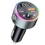 Bluetooth Adapter Auto, SOARUN AUX Bluetooth 5.3 FM Transmitter Auto Radio 54W (PD 36W&QC 3.0 18W) Metall Auto Ladegerät mit Freisprecheinrichtung USB Anschluss KFZ Kit, 9 RGB Licht mit Lichtschalter