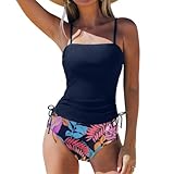 SYKT Damen Tankini Set Geraffte Kordelzug High Waist Camisole Tankini Bademode Druckstoff Zweiteiliger Badeanzug Swimsuit