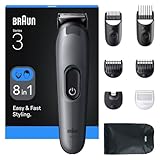 Braun All-in-One Series 3 Trimmer, 8-in-1 Set, ultrascharfe Klinge, 14 Längeneinstellungen, Präziser Schnitt für Bart & Haare, 50 Min Akkulaufzeit, Einfaches & Schnelles Styling, AIO3540, Grau