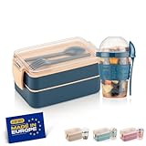 Winkly® Lunchbox Erwachsene, Brotdose (400+500)ml & 600ml Müslibecher -Bento Box To Go, 2-Fächer Bento & Besteck, Jausenbox für Mikrowelle & Spülmaschine, ideal für Schule, Arbeit, Picknick(Navy Blau)