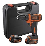 Black+Decker Kompakt-Bohrer (10,8V Li-Ion Akku-Bohrschrauber, LED-Arbeitslicht, Softgriff, 10 mm Schnelllspannbohrfutter, inklusive 2 Slidepack-Akkus, 400mA Ladegerät, Koffer, 1 Doppelbit) BDCDD12KB