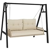 Outsunny Hollywoodschaukel 2-Sitzer Rattan Gartenschaukel mit Kissen Ketten Hängebank bis 240 kg belastbar Hängeschaukel Schaukelbank Gartenbank für Garten Balkon 115 x 66 x 44 cm Beige