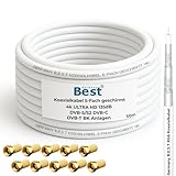 Germany B.e.s.t Koaxialkabel 50m SAT-Kabel | 4K Ultra HD | Class A+ | DVB-S/S2 DVB-C DVB-T BK Anlagen | 5Fach Geschirmt | 135dB | Antennenkabel | Koaxkabel | 10x F-Stecker