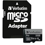 Verbatim Pro U3 Micro SDHC Speicherkarte mit Adapter, 32 GB, Datenspeicher für 4K Ultra HD Video-Aufnahmen, Micro SD Karte in schwarz, ideal für Action-Cams, Camcorder, Smartphones und Tablets