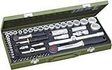 Proxxon 23040 Steckschlüsselsatz, Komplettkasten mit 6,3mm (1/4') & 12,5mm (1/2') Umschaltratsche Nüsse von 4-32mm 56teilig Werkzeug Set Stahlkasten