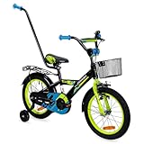 MIRAVO Kinderfahrrad Fahrrad Kinder Ab 3 Bis 6 Jahre Mit Stützrädern Schubstange V-Brake Bremsen Rückstrahl Aufkleber 16 Zoll Radgröße Korb Für Junge Spark Schwarz Grün