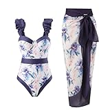 Bequeme BHS für Damen Fallen 2024 2-teiliges Strand-Badeanzug-Set für Damen, floral bedruckter tropischer Bikini-Badeanzug mit Wickelrock-Badeanzügen 6-Blue Medium
