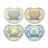 Philips Avent ultra air Schnuller - 4er Pack, BPA-freier, atmungsaktiver Schnuller für Babys von 0-6 Monaten, inklusive Transport- und Sterilisationsbox, Sonne/Regenbogen (Modell SCF085/65)