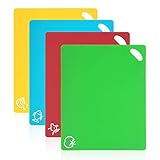 Vicloon Schneidebrett, 4-er Set Farbe Kunststoff-Schneidebrett mit Lebensmittel-Icons & Easy-Grip-Griffe, Antibakteriell, rutschfest, Spülmaschinenfestes, für Fisch/Gemüse/Obst/Fleisch/Brot