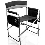 BigDean Campingstuhl 150kg mit Tisch – Klappstuhl mit Getränkehalter + Seitentasche – hochwertiger Angelstuhl in Grau/Schwarz Regiestuhl klappbar