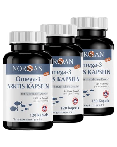 NORSAN Premium Omega 3 Dorschöl Kapseln hochdosiert 3er Pack (3x 120 Kapseln) - 1.500mg Omega 3 pro Portion - Über 4000 Ärzte empfehlen NORSAN Omega-3 - 100% natürlicher Wildfang, kein Aufstoßen