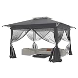 XMTECH Gartenpavillon 4x4m wasserdicht, Pop-Up Faltpavillon mit Doppeldach & 4 Moskitonetzen, UV-Schutz, windfest, höhenverstellbar 3-Stufen, robuster Rahmen & 210D Oxford-Gewebe, Anthrazit