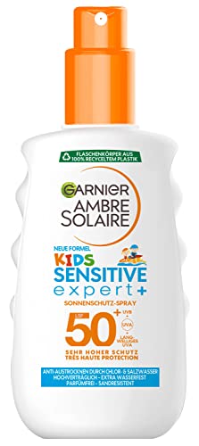 Garnier Sonnencreme LSF 50+ für Kinder, Wasserfest und resistent gegen Sand, Ambre Solaire Kids Sensitive expert+ Sonnenschutzspray, 1 x 200 ml