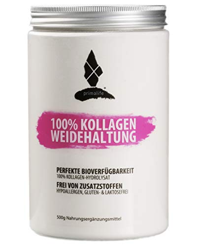 PRIMALIFE Protein-Pulver - 100% Kollagen Aus Weidehaltung - Empfohlene Tagesdosis 1 EL - Reines Kollagen Hydrolysat Typ mit 1,2, 3 - Ohne Zusätze & In Deutschland hergestellt (500g)
