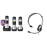 Panasonic KX-TGH723GS Schnurlostelefon mit Anrufbeantworter 3er Set (DECT Telefon, strahlungsarm, Farbdisplay, Anrufsperre, Freisprechen) schwarz & RP-TCA430E-S Headset für KX-TGxx Serie, Grau