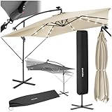 tectake® Sonnenschirm rechteckig, mit Solar LED Beleuchtung, wasserabweisend, inkl. Schutzhülle und Kurbel, Ampelschirm, Sonnenschutz Terrasse, Balkon Sonnenschirm groß, Marktschirm, Ø250cm - beige